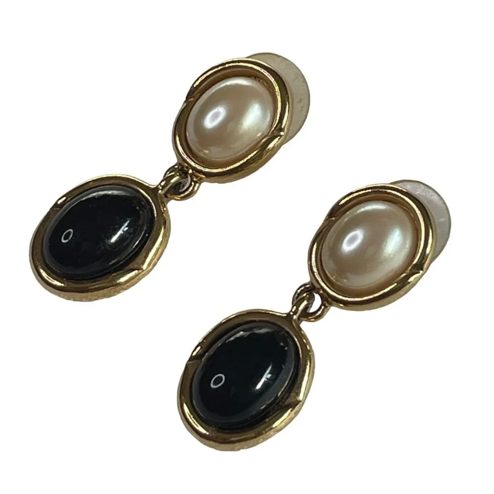 Onyx Pearl Drop Earrings Black Disc Post Backing u - Picture 2 of 4